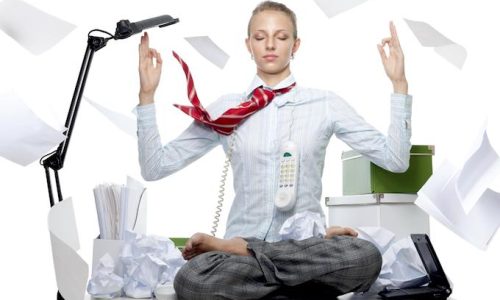 Calm no matter what Business woman juggling busy life Stress at work meditating