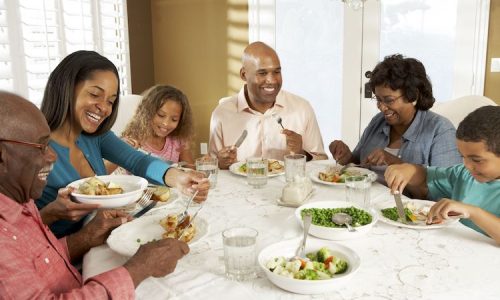 18736195 - multi generation family enjoying meal at home
